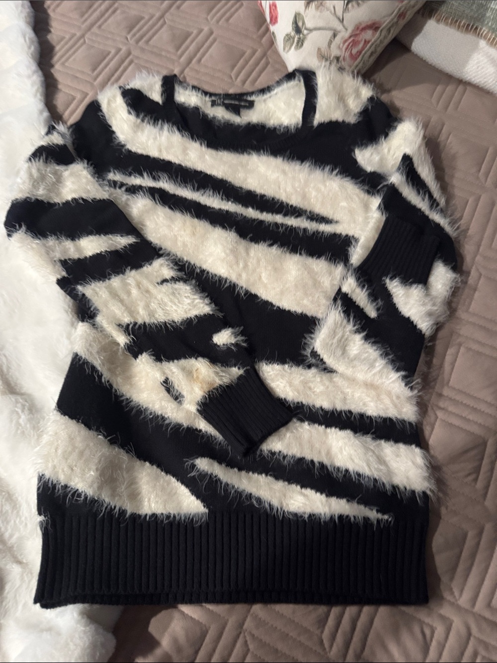 INC International Concepts Black and Cream Fuzzy Stripe Crew Sweater